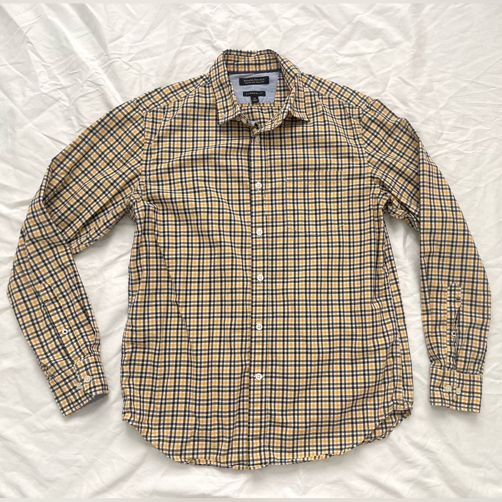 Banana Republic Mens Plaid Button Shirt | Camden Fit | Size M | Navy & Yellow